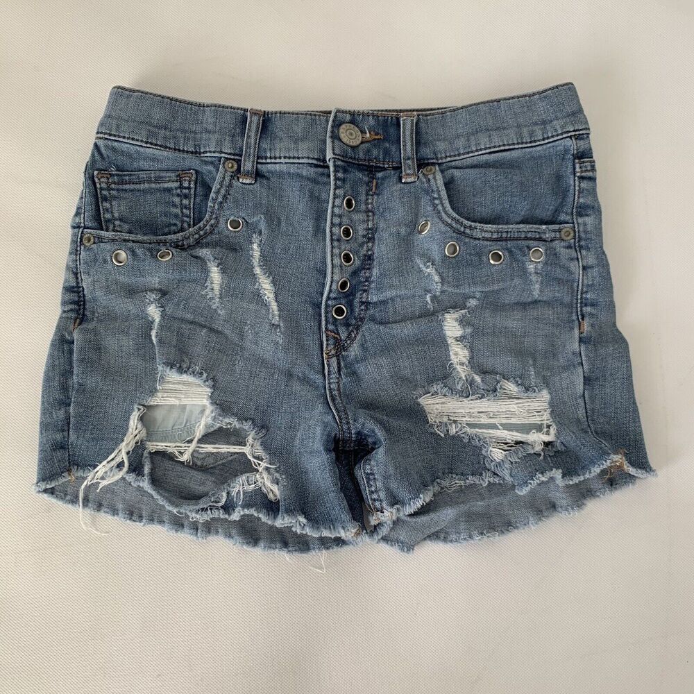 Express Shortie Vintage High Rise Shorts Womens 2 Blue Distressed Grommet Button